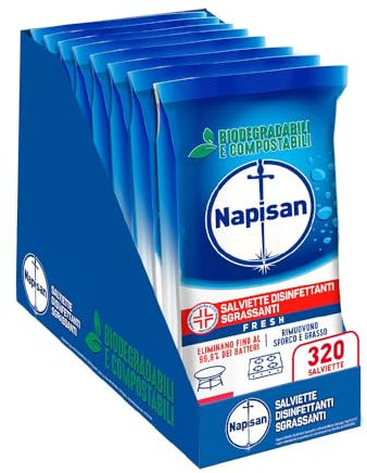 Napisan Salviette Disinfettanti Sgrassanti Fresh, Confezione da 8 Pacchi x 40 Salviette Disinfettanti Biodegradabili e Compostabili Multisuperfici