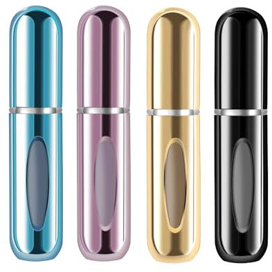 Lot de 4 mini flacons de parfum rechargeables - Flacon vaporisateur de parfum rechargeable - Étui à pompe de recharge pour les voyages et les sorties - 5 ml