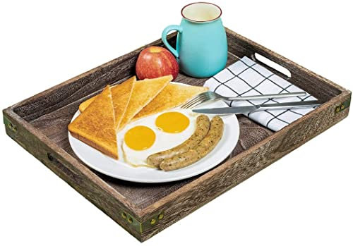 Plateau de service avec poignées, plateau rectangulaire en bois pour servir le café, le thé, les cocktails, les apéritifs, grand format
