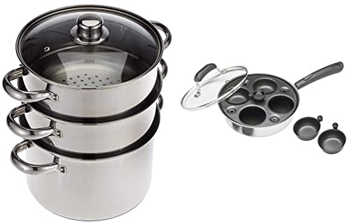 KitchenCraft 3 Tier Food Steamer Pan/Stock Pot in Gift Box, Induction Safe, Stainless Steel, 22 cm & 4 Egg Poacher Pan, Carbon Steel, Silver