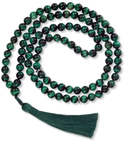 AzanClk Premium Muslimische Gebetskette aus Natursteinperlen für die tägliche Misbaha und Meditation (8 mm (99 Perlen), grünes Tigerauge, Dunkelgrün)