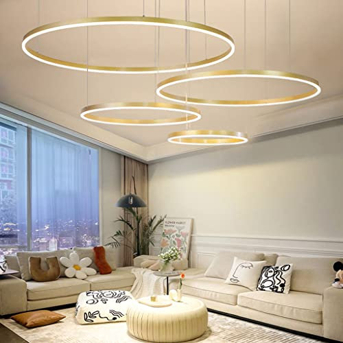 Pendelleucht Wohnzimmer Kupfer Lampe Esstisch Höhenverstellbar Deckenlampe LED Kronleuchter Moderne Stil Anhänger Mit Elegantem Designdimmbar Mit Fernbedienung Rund Ringe Hängeleuchte,Gold,4 rings