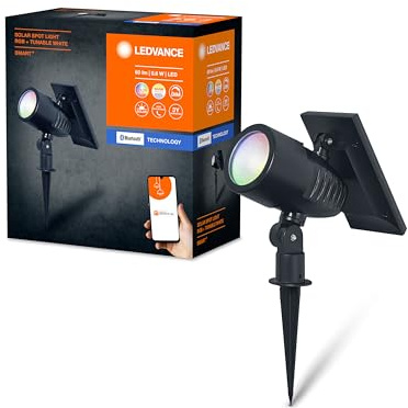 LEDVANCE SMART+ Outdoor Bluetooth Solar-Gartenspieß Spot, mit regulierbarem Weißlicht (3000K-6500K) + Farblicht, ohne Strom nutzbar, bis acht Stunden Brenndauer, Schutzklasse IP44, schwarz