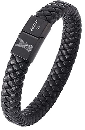 KBNSUIAN The Warrior Archangel St. Michael Protection Leather Bracelet, Catholic Christ Godness Saint Michael Prayers Religious Christian Personalised Bangle for Men Women, 8.07inch Black