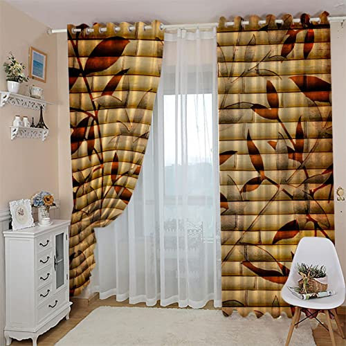 BOVZOX Fenster Vorhang Schlaufen-Vorhang 2 Stück x 140 B x 245cm H Gelb & Bambus Dekorative Gardine Schlaufenschal Fenster-Schal