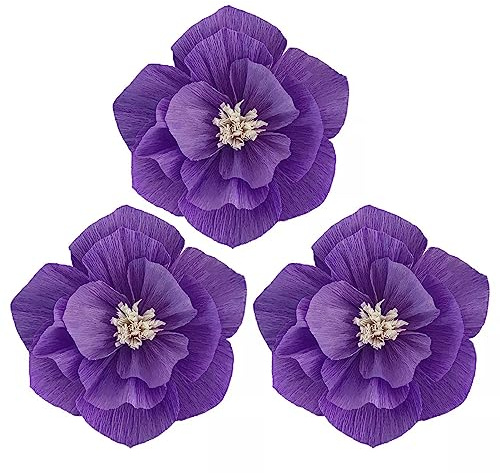 ohfruit Lot de 3 fleurs en papier 3D réalistes - Décoration pour fête, mariage, mur - Violet - 30 cm - 30 cm