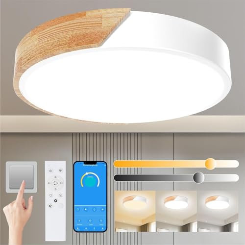 Yexati Lámpara de Techo Regulable,24W Plafon LED Techo con Mando a Distancia,3000K-6000K,Lampara LED Techo Modernos de Madera,Blanco