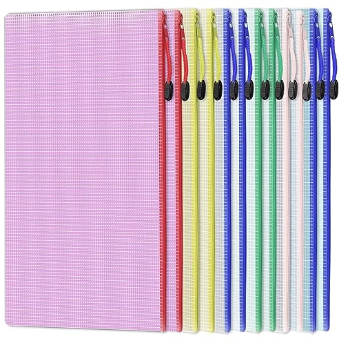 Aosmeol Dokumententasche A4,12 Stück Datei Taschen mit Reißverschluss,Mesh Kunststoff Reißverschlusstasche,Wasserdicht A4 Zipper Taschen für Datei,Papier,Dokument,Bürobedarf (6 Farben)