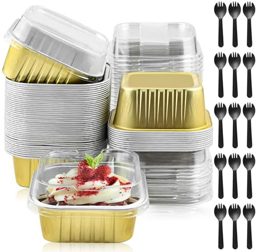 150 unidades/50 juegos de mini moldes para pan con tapas y cucharas, mini latas de aluminio reutilizables de 150 ml, uso para horno freidora de aire, tazas cuadradas resistentes al calor para hacer