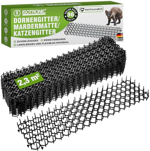 ISOTRONIC Dornengitter zur Katzenabwehr – Tierabwehrmatte gegen Katzen, Marder & Hunde – Marderschutz für Garten, Baum, Haus & Auto – Kratzschutz für Katzen (2,34 m² | 36 Teile)