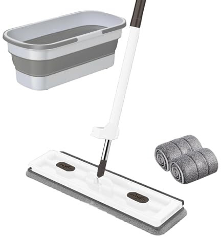 Mopa Fregona con Cubo Escurridor, Fregona Plana Grande Y Cubo Escalable con Ruedas, Fregona De Microfibra Giratoria De 360°, Fregona De Polvo con Raspador De Deshidratación para Limpieza De Pisos