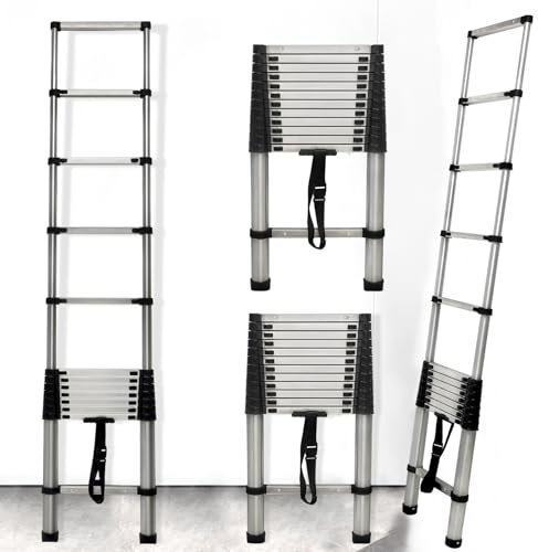 Telescopic Ladder 3.8 Metre, 12.5FT Extension Ladder Straight Extending Ladder 13 Steps Adjustable Height Ladders Multi Purpose, Telescopic Step Ladder for Loft Roof Indoor Outdoor Decoration
