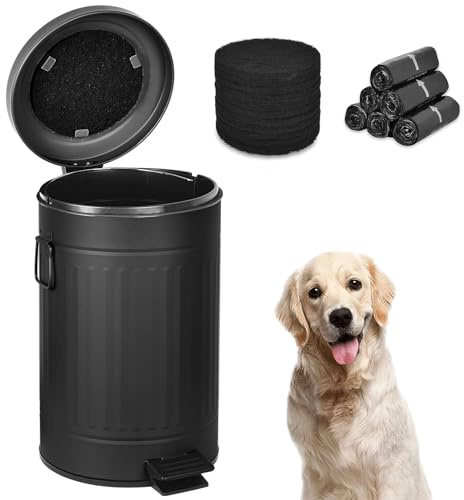 Umtiti Dog Poop Trash Can with Lid for Outdoors，3.2 Gallon Trash Can with Activated Carbon Filter & Plastic Bags, Pet Waste Container，UP12L-BK-Y+90BK-New