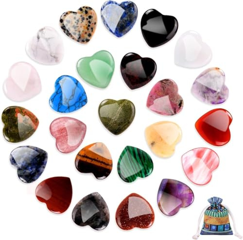 OSDUE 24 Stück Herz Stein, Heilung Kristall Edelsteine für Liebhaber, Natürliche Bunte Kristalle Steine Herz Glückssteine Mineralien Heilsteine für Meditation Chakra Energieausgleich Valentinstag
