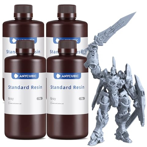 ANYCUBIC 3D Drucker Resin, (Grau, 1kg, 4pcs) | UV 405nm Standard Rapid Photopolymer Resin mit Hoher Genauigkeit und Schneller Aushärtung und Hervorragender Fließfähigkeit