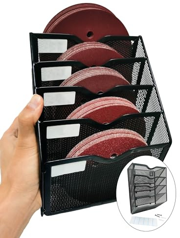 Sandpaper Organizer for 5 & 6 Inch Sanding Discs, 5-Slot Metal Mesh Vertical Sanding Disc Storage Holder, 150 Discs Capacity, Wall Mount, Grit Labels Included Woodworking Tool (Excluding Sandpaper)