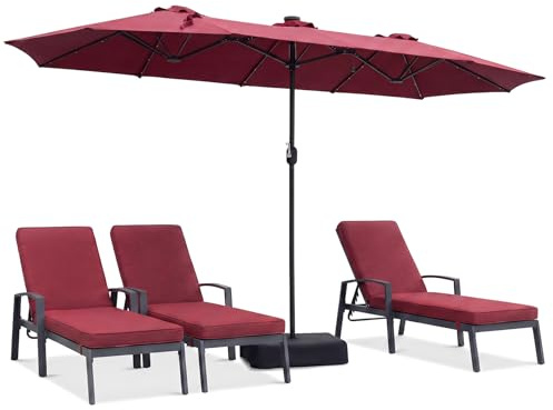 RELAX4LIFE Ombrellone da Giardino 4 x 2 M con Luci LED, Parasole Doppio con Base e Apertura Manovella per Patio, Terrazzo, Balcone e Ristorante (Bordeaux-Base+Luci, 4 x 2 M)