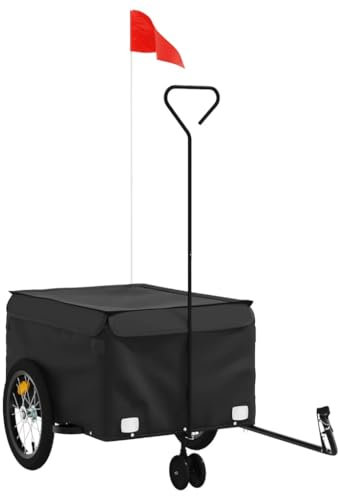 vidaXL Fahrradanhänger, Lastenanhänger mit Sicherheitsflagge, Transportanhänger mit Deichsel, Fahrrad Anhänger Radanhänger, Schwarz 45kg Eisen