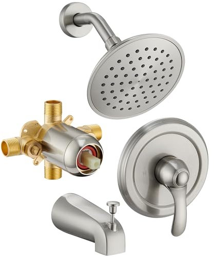 FROPO Tub Shower Faucet Set with Valve, 6-Inch Shower Head and Handle Set Brushed Nickel, Single-Handle Tub and Shower Trim Kit with Touch-Clean Rain Shower Head and Tub Spout