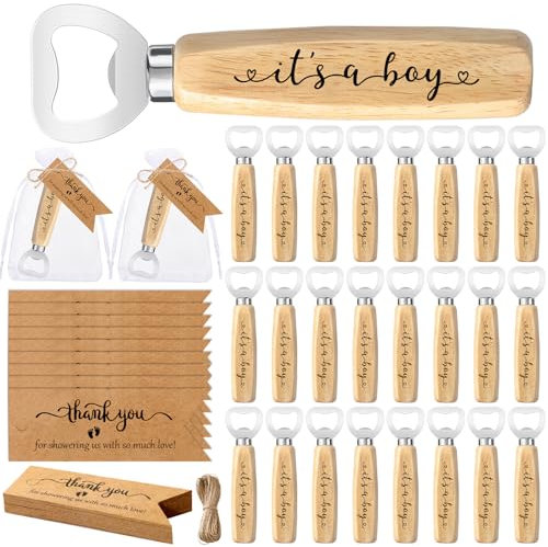 Funnymoom 25 Sets Baby Shower Bottle Opener Favors for Guests It's a Boy Wood Bottle Opener with Thank You Tag and Organza Bag Baby Shower Return Gift for Guests Gender Reveal Party