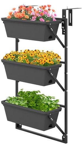 HAPPYGRILL 3-Tier Vertical Hanging Planter, Garden Wall Planter Box with 3 Pots, Adjustable Hooks, Auto Drainage, Self-Watering System Indoor Outdoor Rail Planters for Flowers Vegetables Flowers