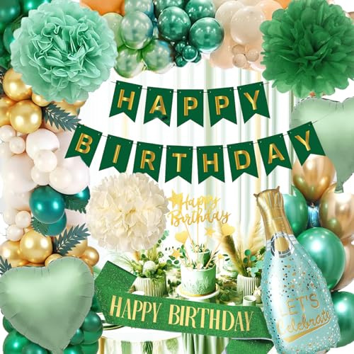 Geburtstagsdeko,Geburtstagsdeko Frauen Mann,Luftballons Geburtstag Grün Gold Metallic Turquoise Party Deko Luftballons, Deko Geburtstag mit Papierbommeln, Happy Birthday Banner,Tortendeko