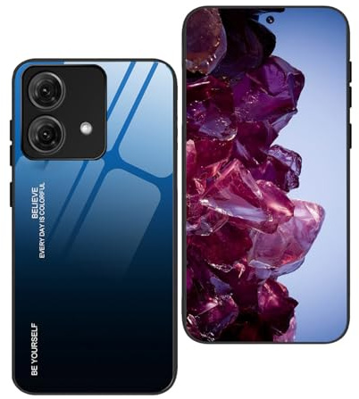 YUEQIAN Funda para Motorola Moto G84 5G Estuche, Degradado Color Trasera de Cristal Templado Carcasa + Marco de Silicona de TPU Flexible Absorción de Golpes Case, Azul