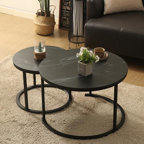 Runder Beistelltisch 2 Stück Set, Modernes Wohnzimmer Couchtisch Beistelltisch 2 in 1 Set, Nachttisch Laptop Tisch, Holzschreibtisch mit Metallrahmen, Schwarze Marmorplatte Minimalistischer Stil
