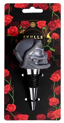 Puckator Totenkopf und Rosen, Totenkopf und Schlange, Flaschenverschluss – Keramik-Weinflaschenverschluss für Prosecco und Wein, Weinglas-Flaschenaufsatz, lustiges Weingeschenk für Weinliebhaber