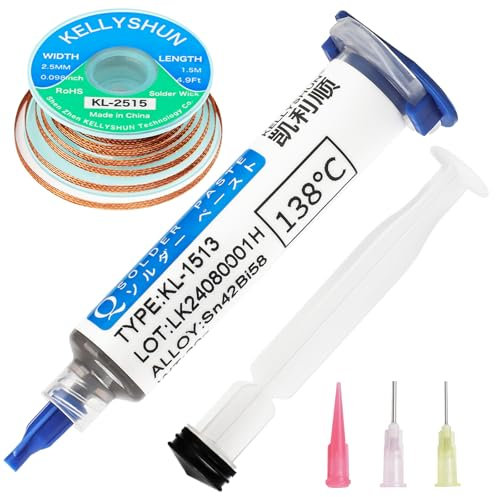 KELLYSHUN KL-1513 Lötpaste,Sn42%,Bi58% Bleifreie Lötpaste, 138℃ Niedrigschmelzende Lötpaste 30g(1 Stück)2.5MM/1.5M Entlötlitze(1 Stück) Für SMT BGA Telefon IC LED