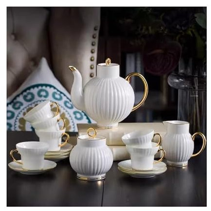 WANGHAI-666 Juegos de té Taza de café y platillo de Porcelana de Hueso con Borde Dorado, Estilo Europeo Simple, Juego de Tetera y Tazas de té Moderno, 15 Piezas Juego de Tetera