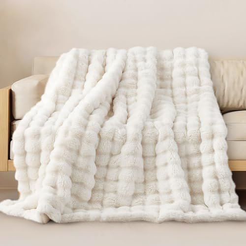 Miyacare Kuscheldecke 100x160 cm, Kaninchen Plüsch Decke, Super Soft Wohndecke Dick 1000GSM Couchdecke Warme Überwurfdecke Sofadecke für Sofa Schlafzimmer Büro (Weiß, W100 x L160CM)