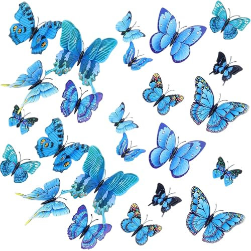 Lot de 24 autocollants muraux 3D en forme de papillon double couche pour chambre de fille, décoration murale pour maison, jardin, salle de classe, décoration de fête (bleu)