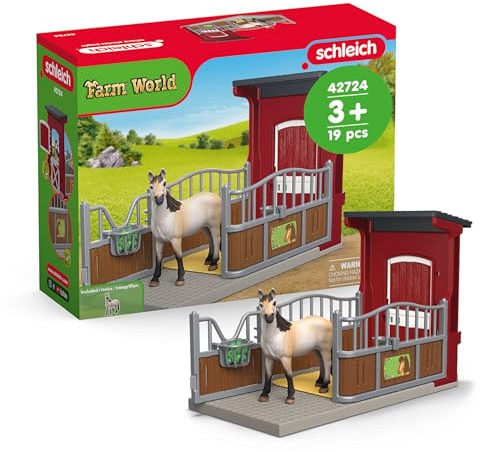 schleich Farm World | Ponybox mit Mustang Stute 42724 | 19 Teile | Set aus Pferd, Pferdebox und Pferde Zubehör | detaillierte Tierfiguren | Bauernhof Spielzeug für Kinder ab 3 Jahre