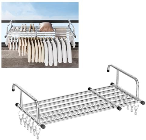 Tendedero Balcón Barandilla, Tenderetes de Ropa Plegables de Acero Inoxidable, Con Amplio Espacio Para Secar, Ajuste de 16 Posiciones, Para Barandillas de Balcón Estante, Tendedero Colgante(57-100cm)