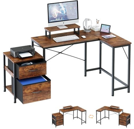Dripex Escritorio en forma de L con estante, espacio de almacenamiento, mesa de trabajo, esquina, mesa de oficina, escritorio para ordenador en forma de L, con cajón y soporte para monitor, para