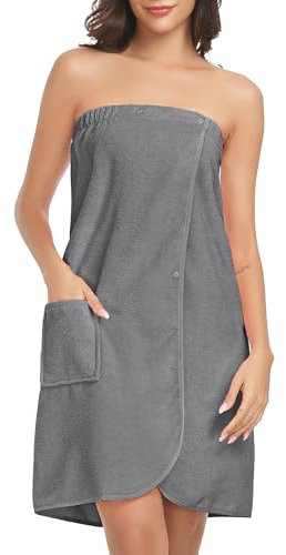 Lovasy Sauna Bademantel Damen Frottee Saunatuch Saunakilt mit Taschen, Druckknopf und Gummizug,Dunkelgrau,L