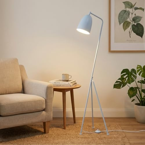 BARCELONA LED Lampadaire Trépied Shoppen Blanc 160 cm, Lampe de Sol Vintage Mid Century, Abat-jour Orientable E27, Style Scandinave Industriel Rétro, Interrupteur au Pied, pour Salon Chambre