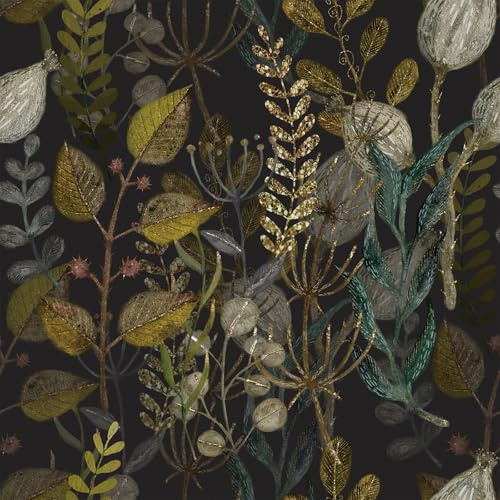 Livelynine Papier peint floral vintage à décoller et à coller Motif feuilles d'or Vert Or Noir Blanc 17,5 x 276 cm