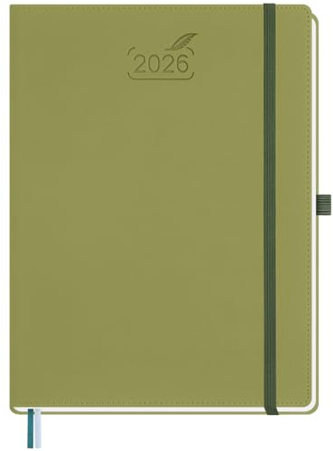 BEZEND Kalender 2026 Buchkalender ca.A4 28,5 x 21,5 cm | Terminplaner 2026 Wochenkalender 1 Woche 2 Seiten mit Monats-Register | Planer & Terminkalender A4 mit PU-Leder Hardcover - Kiwi