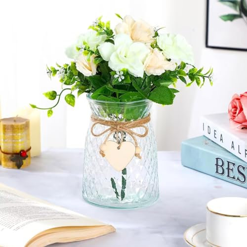 Fovasen Elegant Glass Vases for Flowers, 6.3 Inch Modern Mini Clear Glass Flowers Vase with Twine Rope for Home/Wedding Table Centrepiece and Office Decor