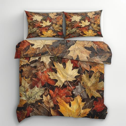 Generisch Bettwäsche 140x200 Ahornblatt Design, 2teilig - Herbst Blätter Bettbezug und 1 Kissenbezug 70x90, Wendebettwäsche, Schlafzimmer Deko, Mikrofaser, mit Reißverschluss A&7S102