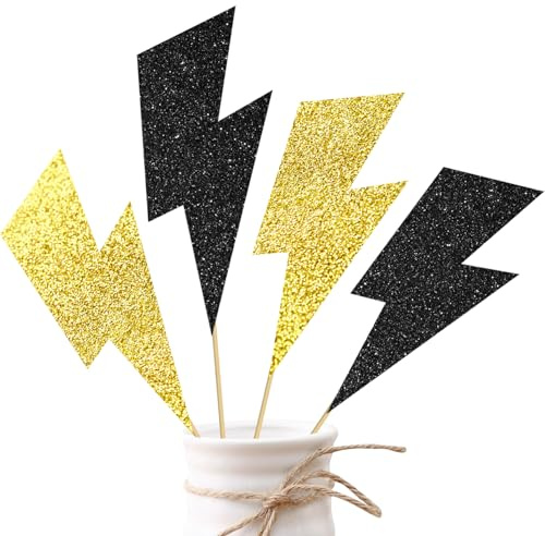 Lightning Party Decoration Lightning Bolt Centerpiece Sticks Flash Weather Theme Party Table Decorations 12PCS Black Gold Glitter Lightning Table Toppers for Birthday Baby Shower Supplies