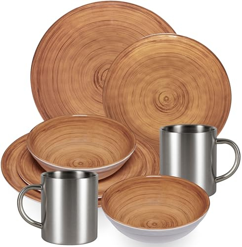 Service de table en mélamine marron pour 2 personnes – 8 pièces avec tasses thermiques en acier inoxydable aspect faïence passe au lave-vaisselle Vaisselle de camping caravane camping festival