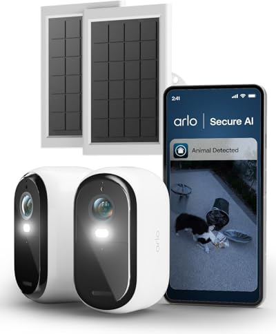 Arlo Essential 3 HD Akku Überwachungskamera Aussen & Solar, 2-Kamera-Set | Kabellos, mit Solarpanel, Farb-Nachtsicht, KI-Erkennung, 130° Weitwinkel, Alexa-kompatibel, Arlo Secure Testzeitraum