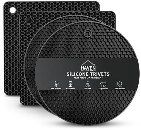 Haven Essentials Silicone Trivets – Pack of 4 Honeycomb Heat Resistant Hot Pads, BPA-Free Non-Slip Silicone Mats, 18cm Thick Dish, Pot & Pan Protectors for Kitchen Countertops & Dining Table