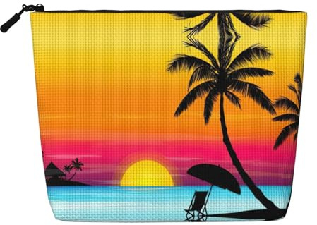Sunset Palm Tree Cosmetic Organizer Large Fake Hemp Bag, Water Resistant Zippered Pouch for Daily Travel