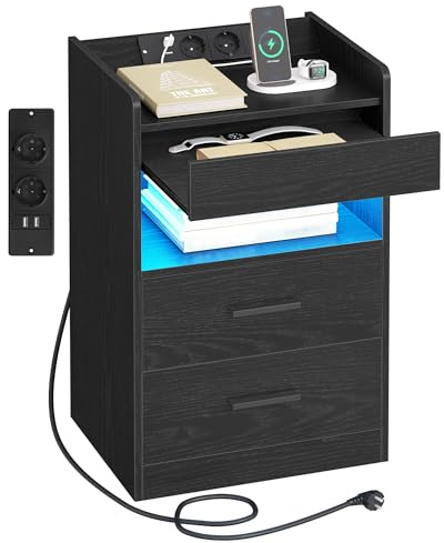 Hzuaneri Nachttisch, Beistelltisch mit Tablett, Nachtschrank | mit Ladefunktion & LED-Beleuchtung, 2 Schubladen, Modern, für Schlafzimmer, Wohnzimmer 35 x 40 x 64 cm, Schwarz NS33504XEU