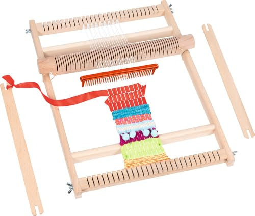 goki 58288 - Schul-Webrahmen 25cm, großer Webrahmen aus Holz mit Webkamm und 2 Webschiffchen, bespannt und angewebt, mit Schritt-für-Schritt Anleitung