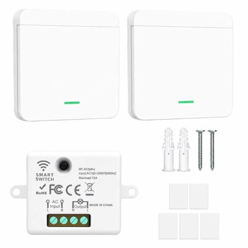 Interruptor de luz inalámbrico con 2 Interrupteur et 1 Récepteur | 433Mhz 10 A 230 V Wireless Light Switch sans WiFi, Télécommandé Portée 30m, para Lámparas de Hasta 1500W